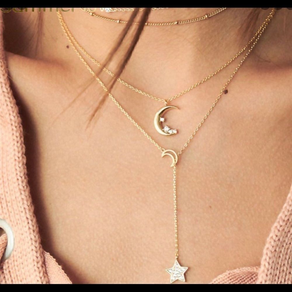 Gold Tone Crystal Multilayer Moon & Star Necklace